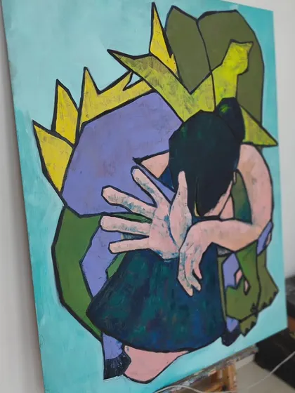 A side angle of the oil painting on plywood, showing its texture and presence on the easel.