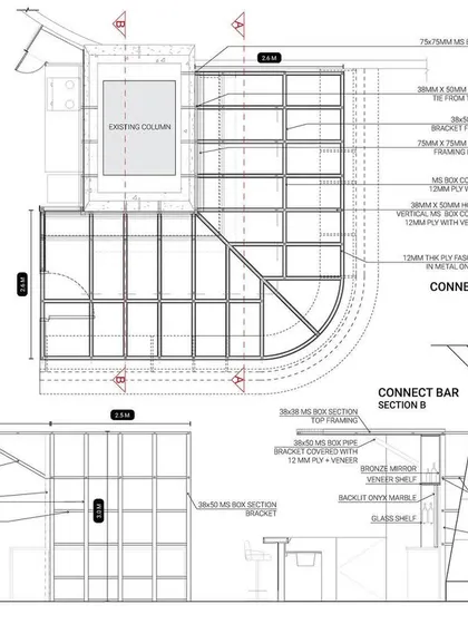 Orthographic drawings for the Connect Bar at the 080 Lounge, including detailed plans and sections that specify materials and construction methods.