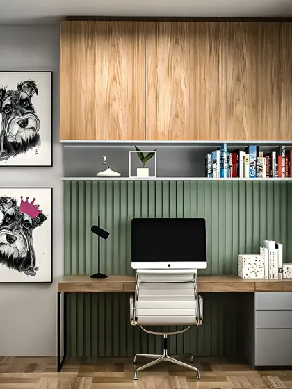 A personalized home office with a fluted green accent wall, overhead storage, and fun artwork to inspire creativity.