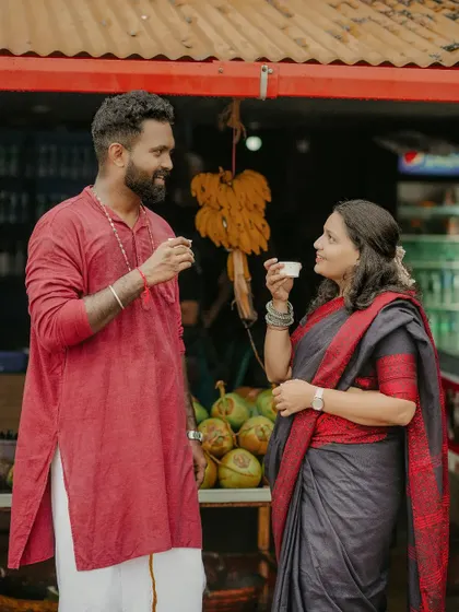 A unique pre-wedding concept, capturing the couple sharing a cup of tea at a local shop, reflecting the authentic charm of our region.