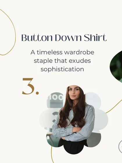 The third essential is a classic button down shirt. This timeless wardrobe staple exudes sophistication and can be styled in countless ways for the office.