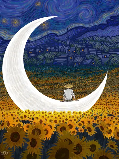 Finding peace in solitude. I illustrate Vincent sitting on a giant crescent moon that has landed in a field of sunflowers, looking out over a distant town. It’s about stepping away from the noise to find clarity and a grander perspective.