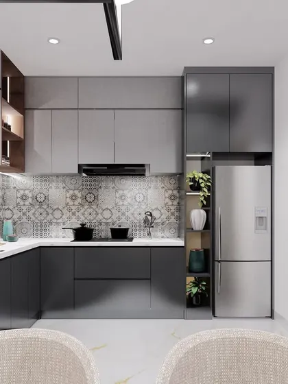 The full view of the 'Earthy Minimalist' kitchen, showing the two-tone grey cabinets and the efficient L-shaped layout.