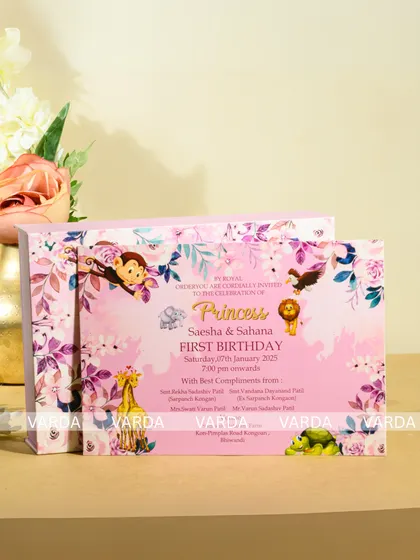 This invitation card for a first birthday features a lovely 'Princess' theme with cute jungle animal illustrations. The soft pink and floral design is perfect for celebrating a little one's special milestone.