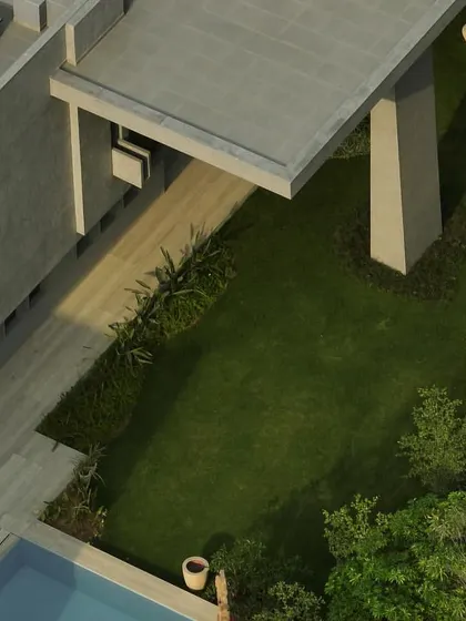 These images show the house as a living space, with glimpses of the pool, lawn, and even the family dogs, grounding the monumental architecture in everyday life.