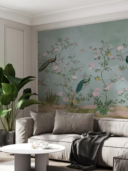 In this living room, the Traditional Peacock Harvest Garden wallpaper provides a sophisticated backdrop. Its subtle colors and elegant design complement a wide range of furniture styles.