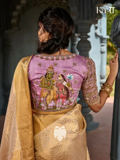 My Katha Collection brings mythology to life. This blouse tells the divine story of Janaki and Rama, hand-painted and embroidered on the back. It’s an intimate tribute to a love that lives beyond lifetimes, woven with reverence and grace.