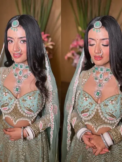 A closer look at this stunning day bridal makeup. The focus is on clean, luminous skin and eyes that pop, creating a look that is both captivating and classic.