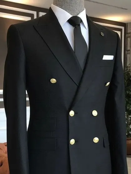 A classic black double-breasted suit with gold buttons. This is a bold and authoritative look, perfect for making a strong impression.