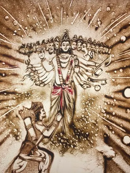 This single frame from a Mahabharata project captures the divine moment between Krishna and Arjun. The level of detail, from the cosmic background to the expressions, shows the intricate artistry we bring to every mythological and cultural sand story.