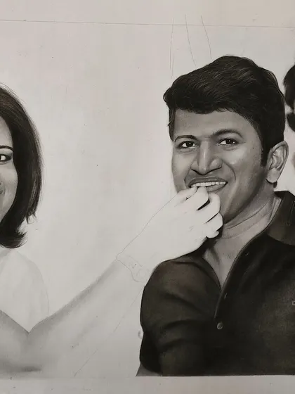A composite tribute portrait I created for Ashwini Puneeth Rajkumar's birthday, featuring her with her late husband, actor Puneeth Rajkumar, and his father, Dr. Rajkumar.