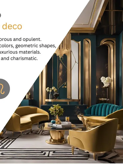 Leo's glamorous and charismatic personality is reflected in the Art Deco style, characterized by bold colors, geometric shapes, and luxurious materials.