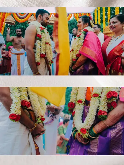 The moment before the first look, with the antarpat cloth separating the bride and groom, full of anticipation.