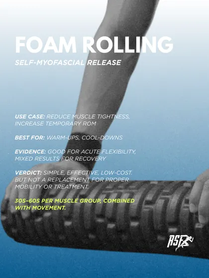 Foam rolling is a simple and effective tool for reducing muscle tightness and increasing temporary range of motion. It's best used in warm-ups and cool-downs but is not a replacement for proper mobility work.