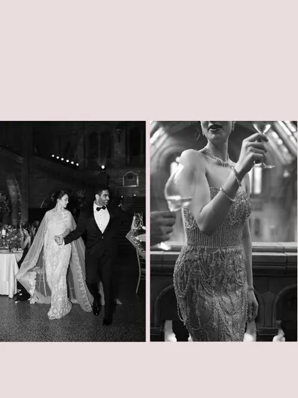 A black and white diptych from Julia and Aditya's London reception, capturing their movement on the dance floor and the elegant details of the bride's gown.