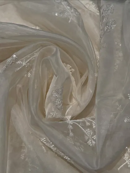 A close-up of our pure organza with pani tikki embroidery, showing the delicate sequin work that adds a beautiful shimmer to the sheer fabric.