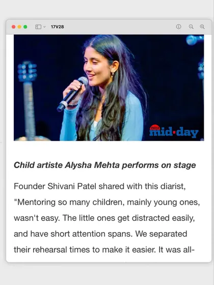 A close up of the Mid-day article, featuring a photo of child artist Alysha Mehta performing on stage during 'Sound of Emotions'.