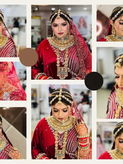 A collage of a beautiful bride in a deep red lehenga, showing various angles of her makeup and hair.