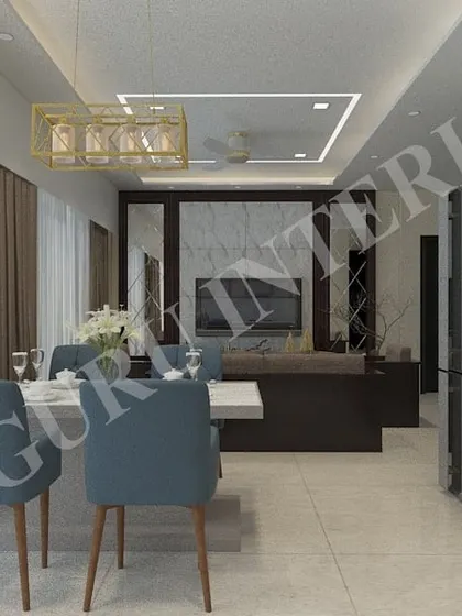 This render shows the dining area of the same project, ensuring a consistent design language flows from the living room. The lighting and furniture are all planned in this virtual stage.
