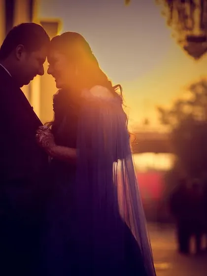 A beautiful silhouette of a couple against the golden hour sunset. This kind of lighting creates incredibly romantic and timeless pre-wedding portraits.