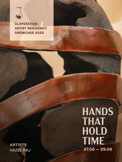 Featuring the work of resident artist Hazel Raj, this poster for "Hands That Hold Time" showcases the unique style and texture she developed during her residency.