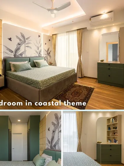 This bedroom features a coastal theme with a soothing green color palette, a leaf-patterned wallpaper, and natural wood flooring for a calm, beachy vibe.