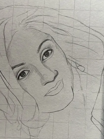 The initial line work for the portrait, drawn using a grid for precision. This shows the foundational step before any shading is applied.