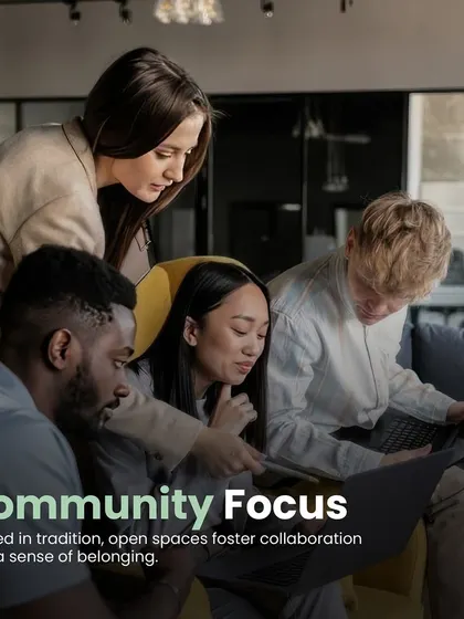 This image of a team collaborating illustrates our focus on community. We design open spaces that are rooted in tradition yet foster a modern sense of belonging and teamwork.
