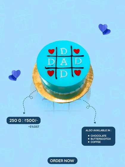 A playful Tic-Tac-Toe "DAD" cake for Father's Day. This mini cake is available in chocolate, butterscotch, or coffee, his favourite flavour.