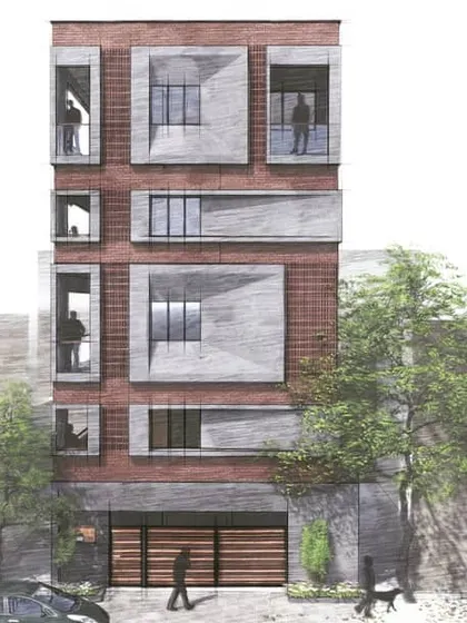 A conceptual sketch and render hybrid for a multi-dwelling building, exploring a facade design with deeply recessed, concrete-framed windows on a brick surface.