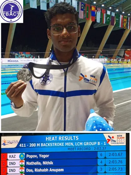Nithik Nathella winning silver in the 200m Backstroke at the Asian Age Group Championship.
