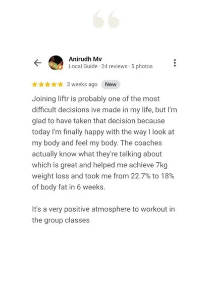 Anirudh lost 7.45 kgs and dropped his body fat from 22.7% to 18% in 6 weeks. He was glad he made the difficult decision to join, as he's finally happy with how he looks and feels.