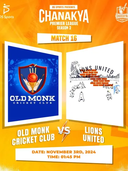 A fixture graphic for the Old Monk Cricket Club vs Lions United match.