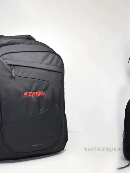 Another view of the durable and professional backpack we provided for Zynga, showing its different angles and features.