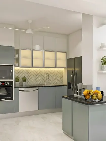 This open kitchen layout includes a separate, smaller island that functions as a serving station or extra prep area. The design uses a cool two-tone color scheme and integrates the dishwasher and oven for a clean, uncluttered look.