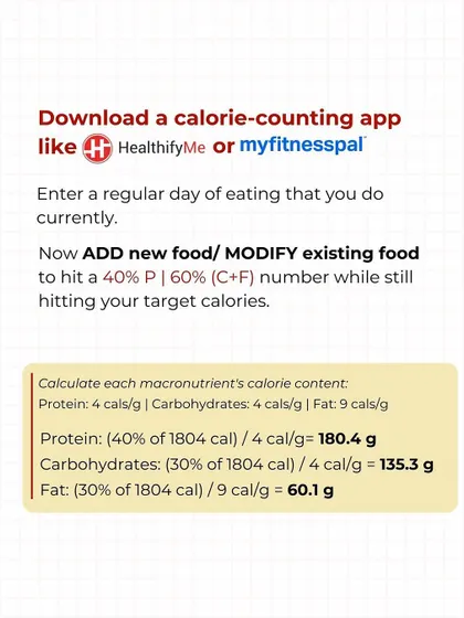 Step 4: It's not just about calories, but macros too. Learn how to balance your protein, carbs, and fats, and use apps like MyFitnessPal to track them.