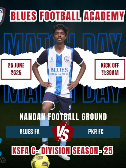 The final match announcement for the KSFA C-Division Season-25 between Blues FA and PKR FC.