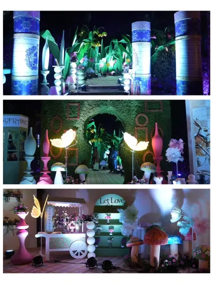 A collage showing various angles of the whimsical decor, from the giant flower pathway to the butterfly-lit photo ops, highlighting the many layers of the design.