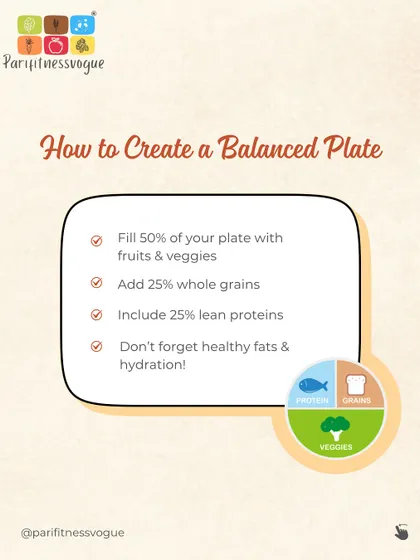 Here is a simple guide on how to create a balanced plate. I recommend filling 50% with fruits and veggies, 25% with whole grains, and 25% with lean proteins.
