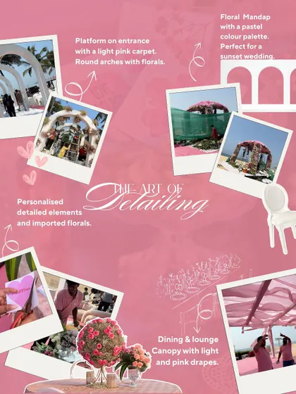 This is the art of detailing. A moodboard showcasing the entire process for the Goa beach wedding, from the entrance design and floral selection to the personalized elements and behind-the-scenes setup.