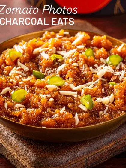 Moong Dal Halwa for Charcoal Eats, a classic Indian dessert. This shot is specifically composed for delivery app menus, focusing on the rich texture and colour to entice customers.