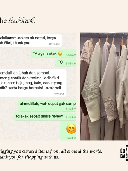 A customer happy with her jubah, bag, and kain, mentioning the beautiful items and good value.