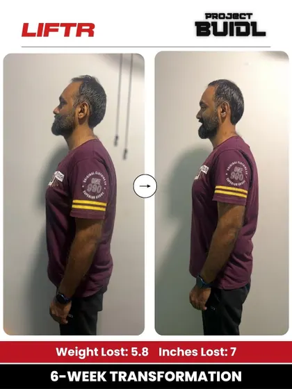 Chandrashekhar's side profile shows a 5.8 kg weight loss and 7-inch drop in just six weeks, reflecting a newfound control over his health.