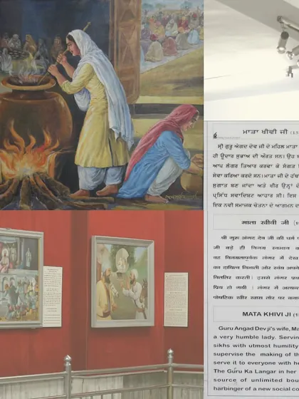 A close up of a painting depicting Mata Khivi Ji supervising the langar, a key institution in Sikhism. The bilingual labels in Punjabi and English are an important feature of the museum's curatorial strategy, making the history accessible to a wider audience.