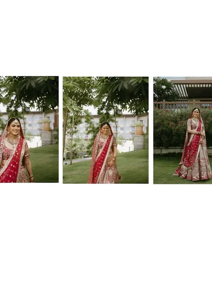 A triptych of a beautiful bride in her red lehenga, posing in a lush garden. This showcases her stunning bridal look from different angles.