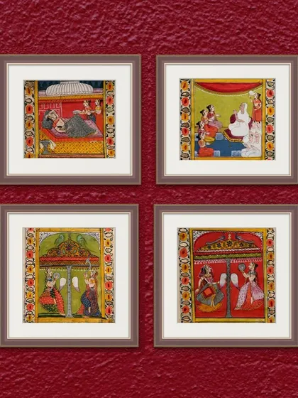 Another view of the four framed sections of the Jain scroll, showing the vibrant colors and intricate details achieved with natural dyes on paper. Such museum-quality pieces are the pinnacle of heritage curation.