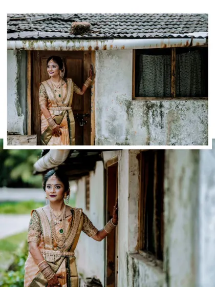 A collage of a bride's portraits, posing by an old, rustic house, creating a vintage and timeless feel.