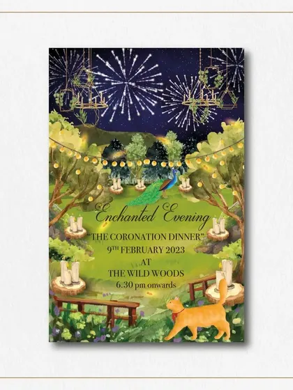 This "Enchanted Evening" dinner invitation features a magical, starlit scene with fireworks and glowing candles. The custom illustration creates a romantic and dreamy atmosphere for the coronation dinner.