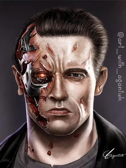 This portrait of the Terminator was a technical challenge that I loved. It took about 45 hours, focusing on the contrast between the realistic human skin and the reflective, damaged metal of the cyborg. Capturing the texture of torn flesh and the glowing robotic eye was key to making this piece feel real.