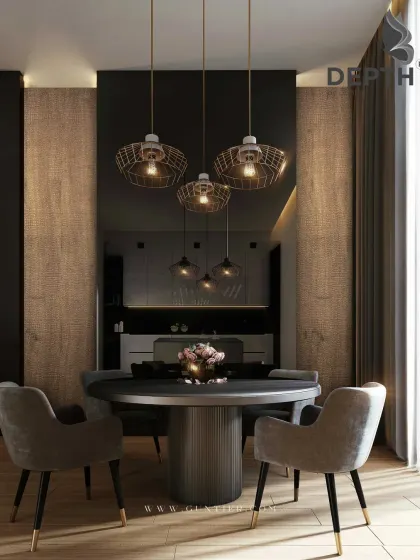 In this dining area, I used a dark, textured veneer to create a dramatic accent wall. It provides a beautiful backdrop for the modern lighting and furniture.